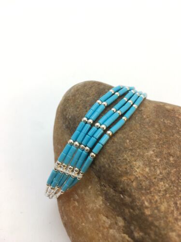 Blue Turquoise Heishi Liquid Silver Bracelet | Sterling Silver | 7" | 5-Strand | 13596