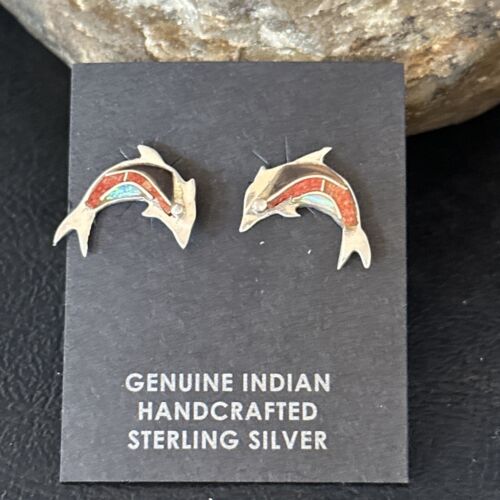 Navajo Multi-Color Dolphin Coral Lapis Inlay Earrings | Sterling Silver | Authentic Native American Handmade | 14658