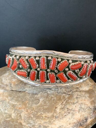 Native American USA Red Coral Navajo Sterling Silver Cuff Bracelet 4670