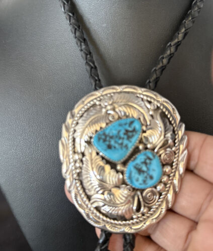 Native American Men's Bolo Tie | Blue Kingman Turquoise | Sterling Silver | Navajo Handmade | 14280