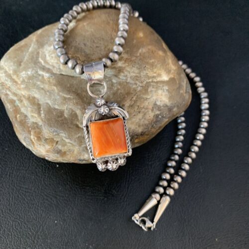 Navajo Orange Spiny Oyster Square Pendant Necklace | Sterling Silver | Authentic Native American Handmade | 13639