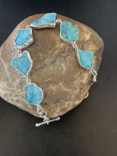 Navajo Blue Kingman Turquoise Rough Link Bracelet | Sterling Silver | 8" | 11648