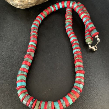 Southwestern Men's Heishi Turquoise Coral Necklace | Sterling Silver | Authentic Native American Handmade | 23" | 13927