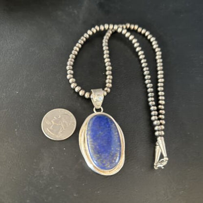 Native American Men's Navajo Pearls Necklace Pendant | Sterling Silver Lapis | 14466