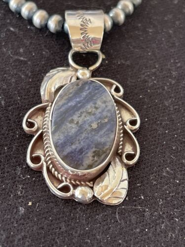 Men's Handmade Navajo Sterling Silver Beads Necklace | Lapis Pendant 2" | Authentic Native American | 1208