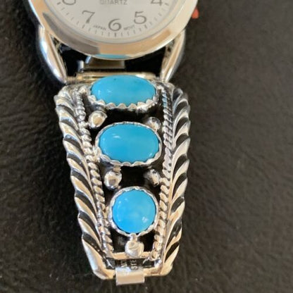 Navajo Sterling Silver Watch Tips | Blue Kingman Turquoise Band | Authentic Native American Jewelry | 11640