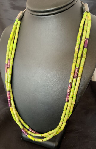 Navajo Green Purple Jasper 3-Strand Bead Necklace | Sterling Silver | 24" | Authentic Native American Handmade | 12511
