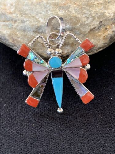 Zuni Turquoise Coral Mother of Pearl Butterfly Necklace Pin Pendant | Inlay | Sterling Silver Inlay | 1369