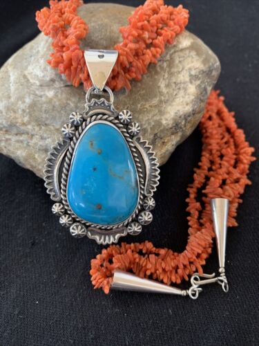 Navajo Sterling Silver Coral Bead Necklace with Turquoise Pendant | Multi-Strand | Authentic Native American Handmade | 767