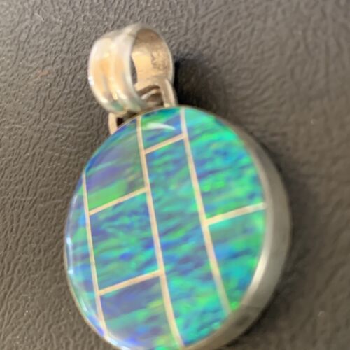 Authentic Native American Navajo Sterling Silver Blue Fire Opal Inlay Pendant | Handmade Jewelry | 13143