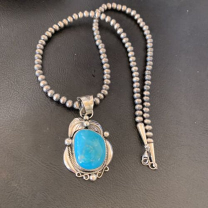 Men's Navajo Pearls Necklace with Blue Kingman Turquoise Pendant | Sterling Silver | Native American Handmade | 12593