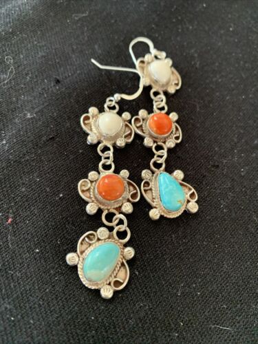 Navajo Spiny, Turquoise & Howlite Dangle Earrings | Sterling Silver | Authentic Native American Handmade | 1574