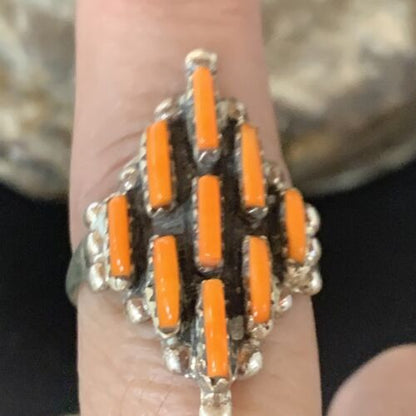 Navajo Orange Spiny Oyster Cluster Ring | Authentic Native American Sterling Silver | Multi-Stone | Sz 8.5 | 11924
