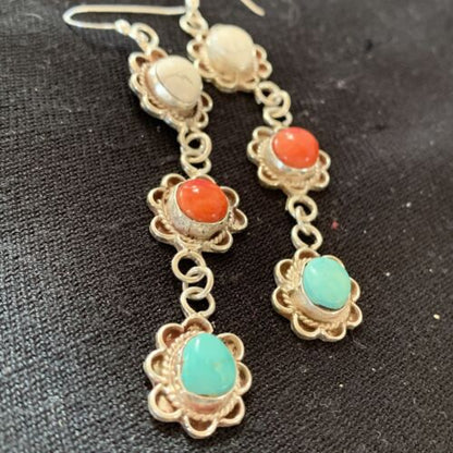 Navajo Spiny, Turquoise & Howlite Dangle Earrings | Sterling Silver | Authentic Native American Handmade | 1573