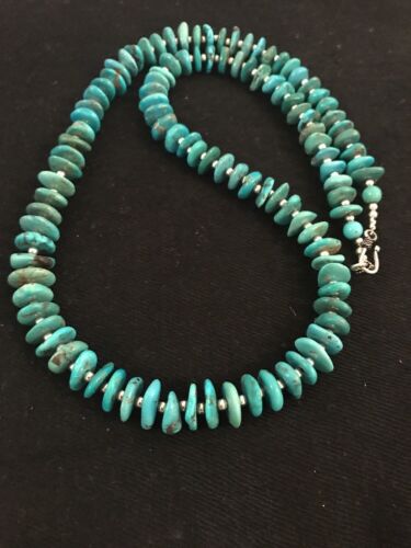 Santo Domingo Kingman Turquoise Necklace | Sterling Silver | 21" | Authentic Native American Handmade | 3996 - Masha USA