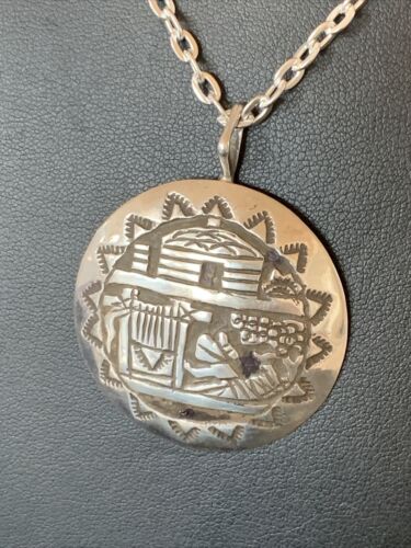 Native American Hopi Pueblo Design Stamp Pendant | Sterling Silver | Handmade | 12318 Chain