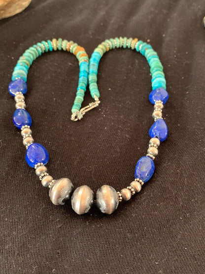 Navajo Lapis & Turquoise Beads Necklace | Sterling Silver | Authentic Native American Handmade | 20" | 4696