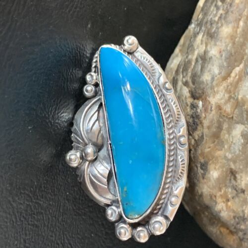 Navajo Blue Kingman Turquoise Ring | Sterling Silver Feather | Sz 9.5 | Authentic Native American Handmade | 10853