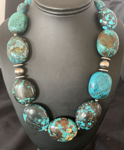 Chunky Navajo Pearl Graduated Turquoise Necklace | Sterling Silver | Authentic Native American Jewelry | 21" | 11903 - Masha USA