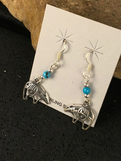 Navajo Sterling Silver Turquoise Bead Dangle Bear Paw Earrings | Authentic Native American Handmade | 8785