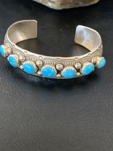 Navajo Kingman Turquoise Cuff Bracelet | Sterling Silver | Leaf Shape | 7 Stones | 12163 - Masha USA