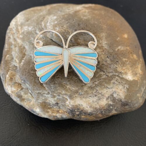 Zuni Blue Turquoise White Opal Butterfly Necklace Pin Pendant | Sterling Silver | 11972