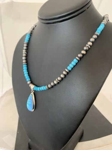 Navajo Blue Turquoise Necklace with Opal Pendant | Sterling Silver | Authentic Native American Handmade | 566