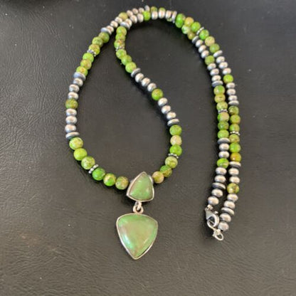 Navajo Green Gaspeite Turquoise Pendant | Sterling Silver | Authentic Native American Handmade | 12360