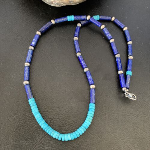 Native American Men's Navajo Lapis Turquoise Bead Necklace | Sterling Silver | 21" | 12471