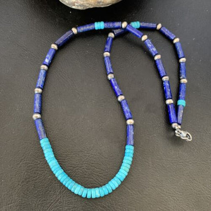 Native American Men's Navajo Lapis Turquoise Bead Necklace | Sterling Silver | 21" | 12471