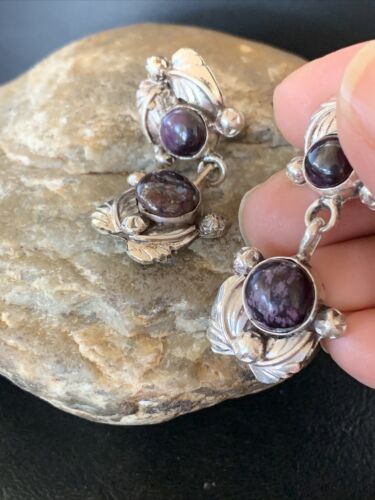 Navajo Purple Sugilite Post Dangle Earrings | Sterling Silver | Authentic Native American Handmade | 1599