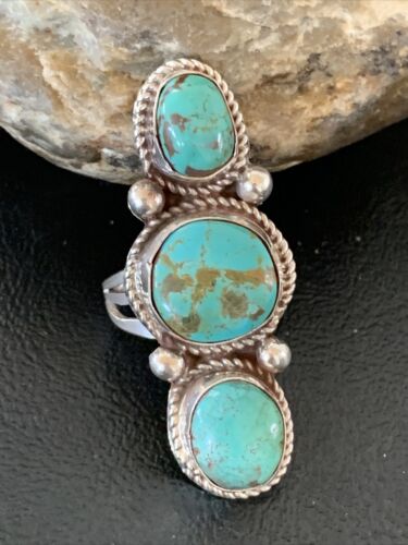 Navajo Sterling Silver Blue Turquoise Ring | 3-Stone | Sz 9 | Native American Handmade | 13615