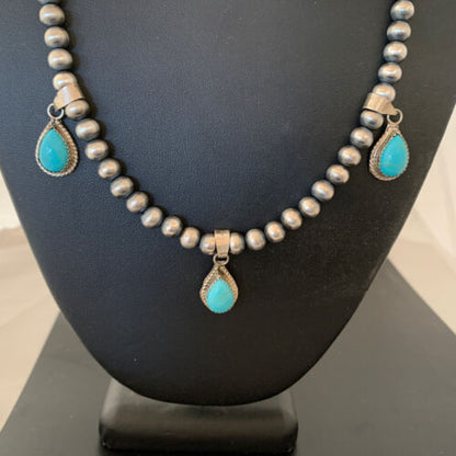 Navajo Handmade Sterling Silver Turquoise Necklace | 3 Teardrop Pendants | Authentic Native American | 1952