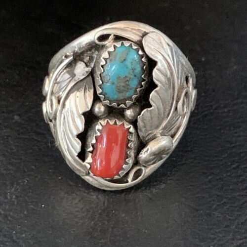 Navajo Kingman Turquoise Coral Ring | Authentic Native American Sterling Silver | Multi-Stone | Sz 11 | 14128