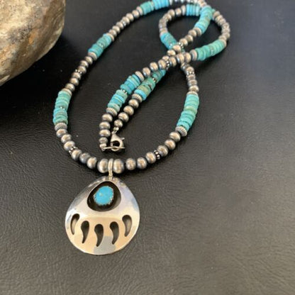 Navajo Bear Paw Pendant Necklace | Sterling Silver | Blue Turquoise | Men's | Authentic Native American Handmade | 12550