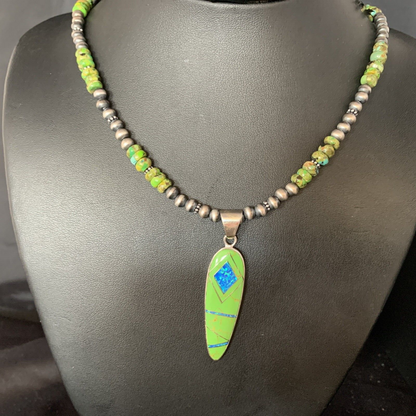 Navajo Green Turquoise Gaspeite Inlay Necklace | Sterling Silver | Authentic Native American Handmade | 13810
