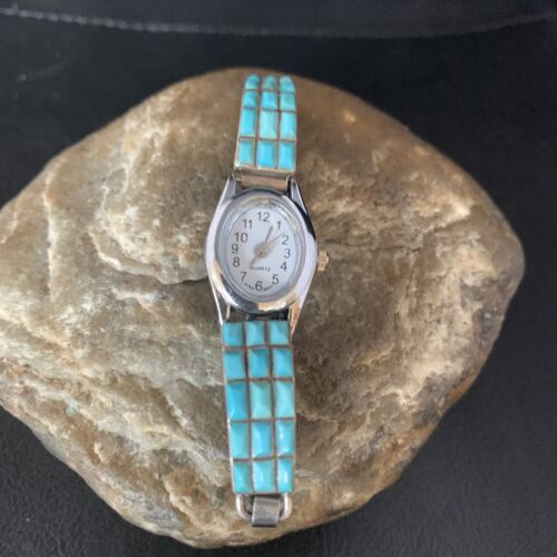 Navajo Sterling Silver Watch Tips with Turquoise Corn Inlay Band | Authentic Native American Jewelry | 13694
