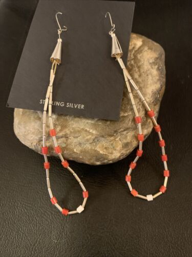 XL Coral Heishi Beads Earrings | Sterling Silver Navajo Pearls | 4" | Authentic Native American Handmade | 13033