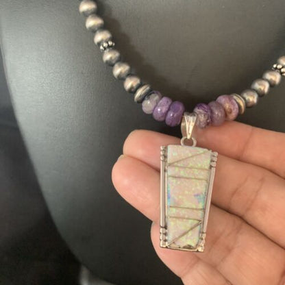 Navajo Purple Charoite White Opal inlay Pendant Necklace | Sterling Silver | Native American Handmade | 13435