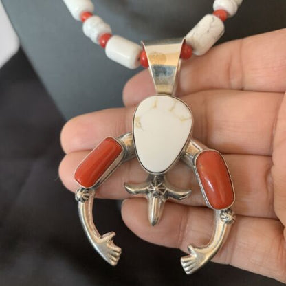 Navajo White Buffalo Turquoise Coral Naja Pendant | Sterling Silver | Authentic Native American Handmade | 10516