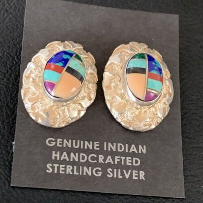 Women's Multi-Color Blue Turquoise Nugget Earrings | Sterling Silver | Authentic Native American Handmade | 13014
