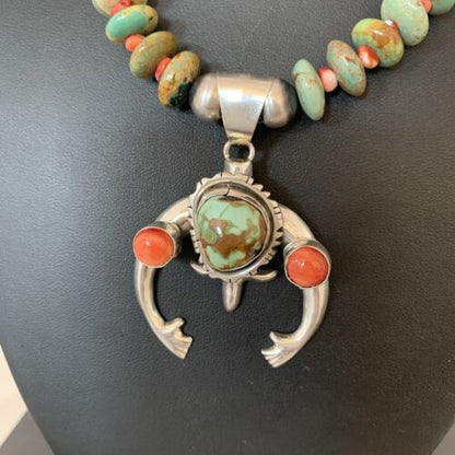 Navajo Green Turquoise Spiny Oyster Pendant Necklace | Authentic Native American Sterling Silver | Naja | 02139