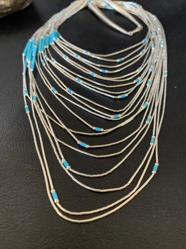 Turquoise Liquid Silver Heishi Necklace | 20 Strand Sterling Tube Pendant | Native American Handmade | 12296