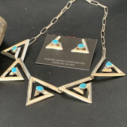 Navajo Squash Blossom Necklace & Earrings Set | Kingman Turquoise | Sterling Silver | Authentic Native American Handmade | 10926