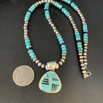 Navajo Inlay Blue Turquoise Onyx Pendant Necklace | Sterling Silver | Authentic Native American Handmade | 13656