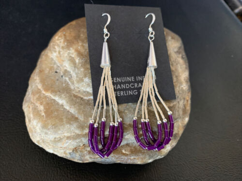 Handmade Liquid Silver Heishi Tube Beads Sugilite Earrings | Sterling Silver | 2" | 13048