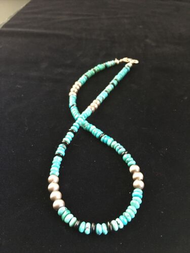 Native American Sterling Silver Necklace | Blue Turquoise & Onyx | 18" | 10027