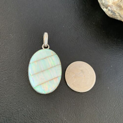Navajo White Fire Opal Inlay Pendant | Sterling Silver | Authentic Native American Handmade | 13144