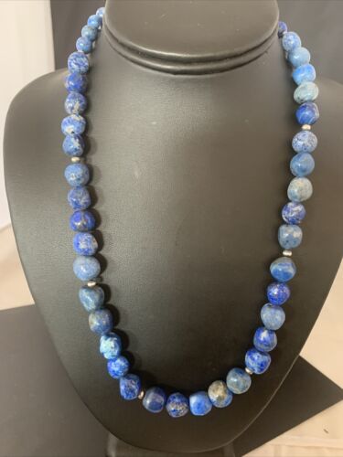 Navajo | Sterling Silver | Handmade Blue Denim Lapis Bead Necklace Pendant | Authentic Native American | 20" | 02206