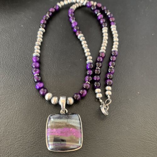 Navajo Pearls Purple Sugilite Onyx Necklace Pendant | Sterling Silver | Authentic Native American Handmade | 13396